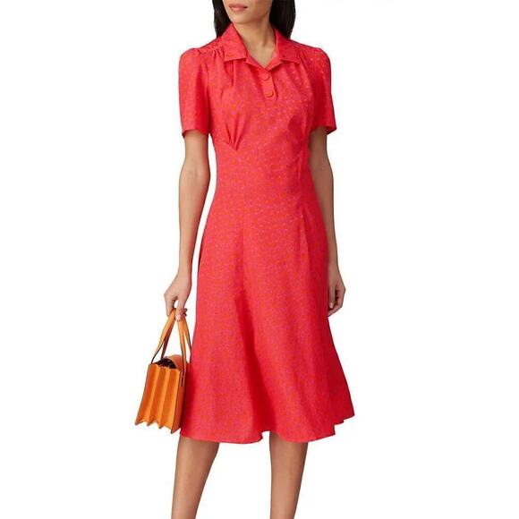 Tara Jarmon Rozenn Dress Hearts Printed Collared Shirtdress Midi Pink Orange XXL - Picture 1 of 10